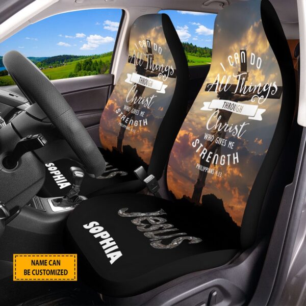 Custom Jesus Cross Car Seat Cover, I Can Do All This Through Him Who Gives Me Strength Front Seat Protector