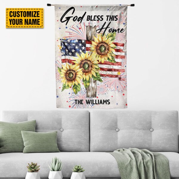 Custom Jesus Cross Sunflower American Flag Garden God Bless Home Religious Gift