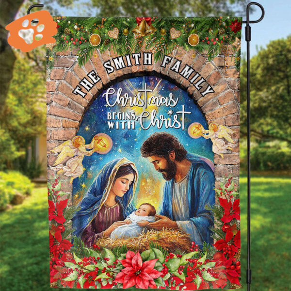 Personalized Christmas Garden Flag: Holy Family Jesus Religious Gift