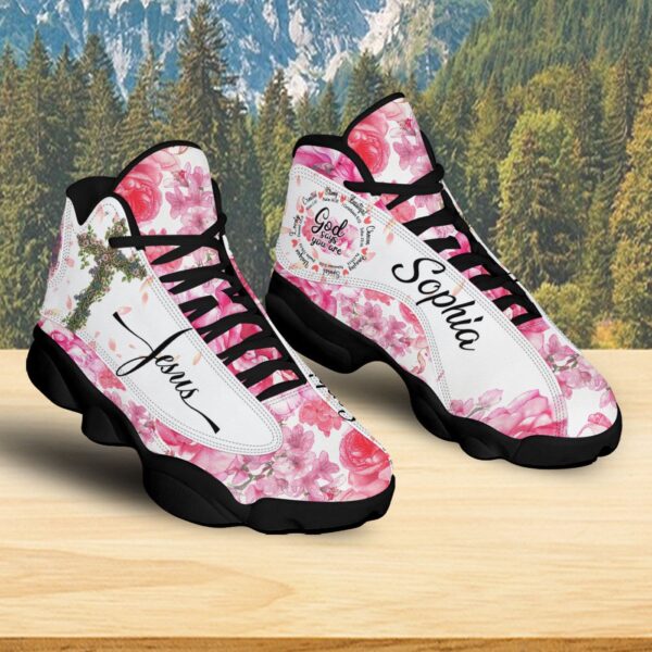 Customized God Says You Are Basketball Shoes, Jesus Cross Rose Running Shoes, Christ Flowers Sports Shoes For Women