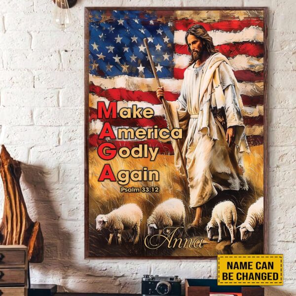 Custom Jesus & Lamb Poster: Make America Godly Again Flag Canvas – Ideal Gift for Religious Jesus Lovers