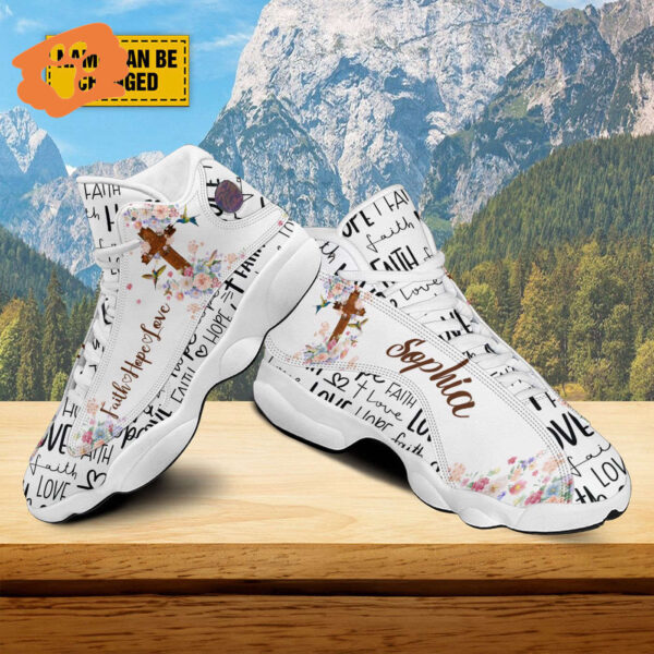 Customized Jesus Cross Hummingbird Flower Basketball Shoes, Faith Hope Love Footwear, Christ Religious Running Shoes