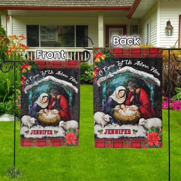 Personalized Jesus Nativity Garden Flag – O Come Let Us Adore Him House Flag Xmas Gift
