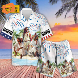 Customized Jesus Summer Beach Hawaiian Shirt - Independence Day Hawaii Set American Flag Aloha Outfit for Men