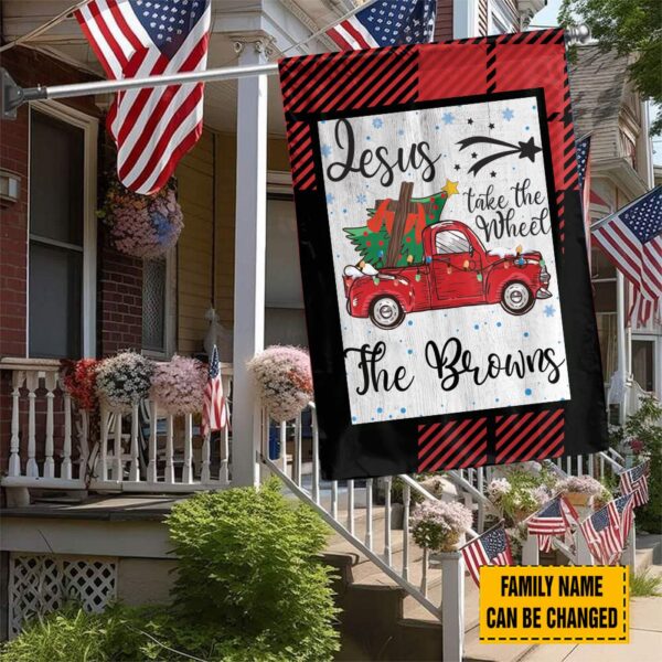 Personalized Jesus Take The Wheel Christmas Garden Flag with Red Truck Car Tree – Christ Cross Home Decor