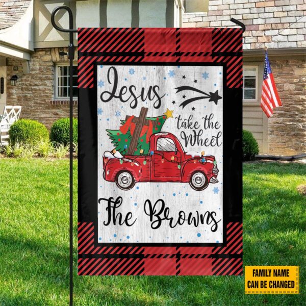Personalized Jesus Take The Wheel Christmas Garden Flag with Red Truck Car Tree – Christ Cross Home Decor