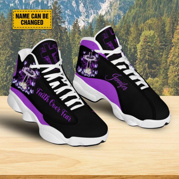 Customized Purple Jesus Cross Butterfly Basketball Shoes, Faith Over Fear Christian Running Shoes Christmas Gift