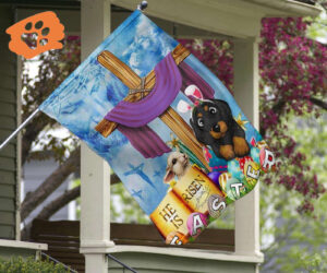 Dachshund Cross He Is Risen Bunny Easter Flag Jesus Cute Easter Banner Christian Decoration
