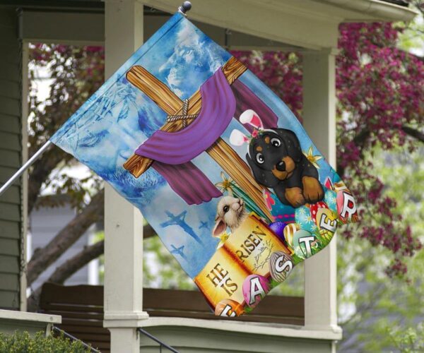 Dachshund Cross He Is Risen Bunny Easter Flag Jesus Cute Easter Banner Christian Decoration