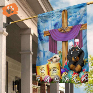 Dachshund Cross He Is Risen Bunny Easter Flag Jesus Cute Easter Banner Christian Decoration