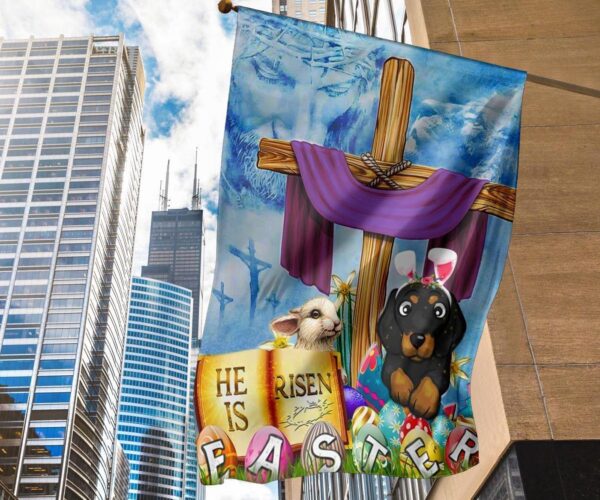 Dachshund Cross He Is Risen Bunny Easter Flag Jesus Cute Easter Banner Christian Decoration