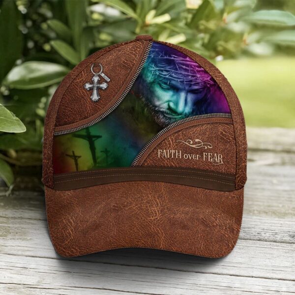 Faith Over Fear Jesus Leather Style Baseball Cap Hat  Trucker Classic Hats Gift