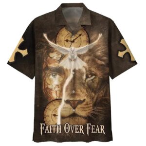 Faith Over Fear Jesus Lion And Dove Hawaiian Shirt For Men - Christian Gift