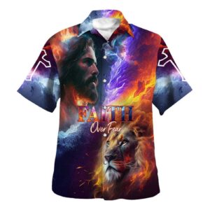 Faith Over Fear Lion of Judah Christian Hawaiian Shirt for Men - Gift for Christians