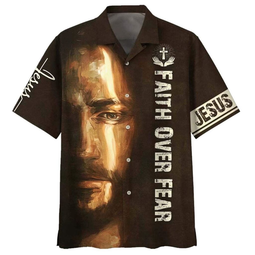Faith Over Fear Jesus Portrait Hawaiian Shirt for Men – Christian Religious Gift Faith Over Fear Jesus Portrait Hawaiian Shirt for Men – Christian Religious Gift