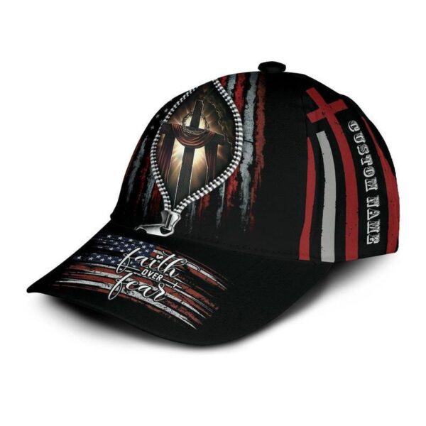 Faith Over Fear Zipper American Flag Custom Name 3D Cap For Jesus Lovers, Jesus cap, jesus hat, jesus cap