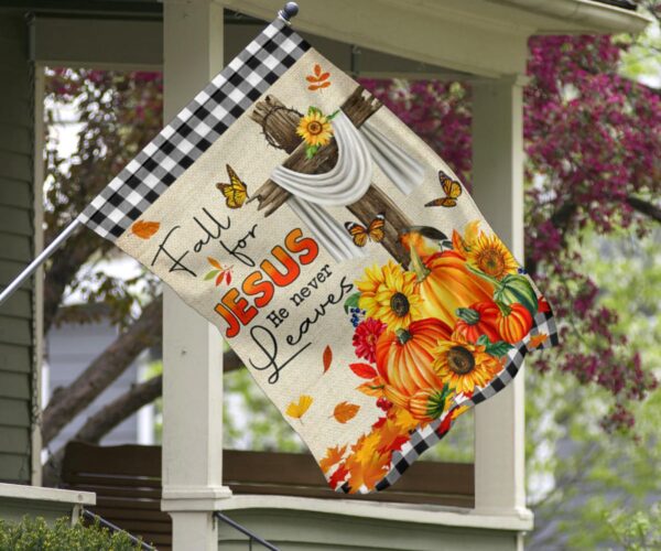 Fall For Jesus He Never Leaves Flag Thanksgiving Holiday Christian Flag Outdoor Decor