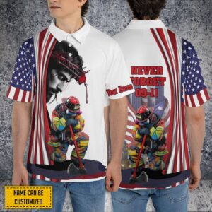 Custom Firefighter 911 Day Polo Shirt with Jesus American Flag Print - Never Forget September 11th Patriot 1