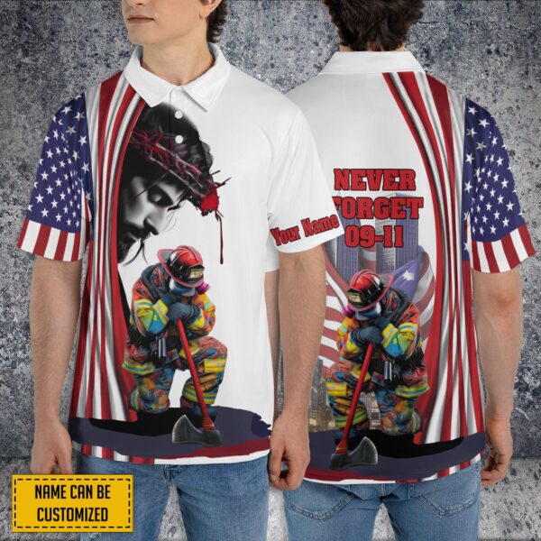 Custom Firefighter 911 Day Polo Shirt with Jesus American Flag Print – Never Forget September 11th Patriot