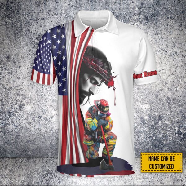 Custom Firefighter 911 Day Polo Shirt with Jesus American Flag Print – Never Forget September 11th Patriot