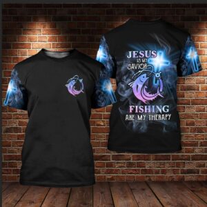 Fishing God T-shirt Jesus Is My Saving Fishing Is My Therapy T-shirt Hoodie 2025 3
