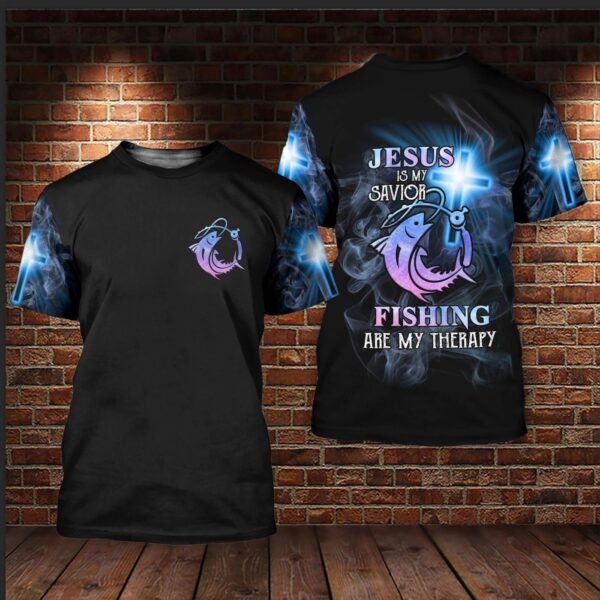 Fishing God T-shirt Jesus Is My Saving Fishing Is My Therapy T-shirt Hoodie 2025