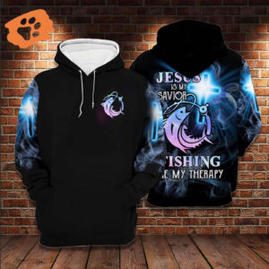 Fishing God T-shirt Jesus Is My Saving Fishing Is My Therapy T-shirt Hoodie 2025