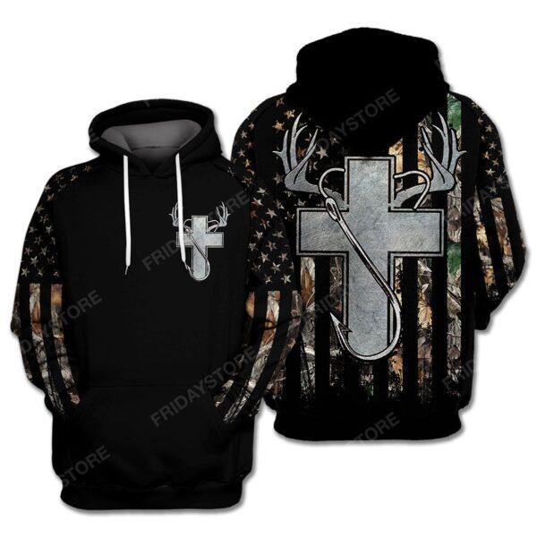 Fishing Hunting God T-shirt Jesus Cross Fish Hook Deer Horn T-shirt Hoodie Adult 2025
