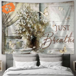 Vintage Flower Vase By The Window Tapestry - Just Breathe Jesus Tapestries for Living Room & Bedroom