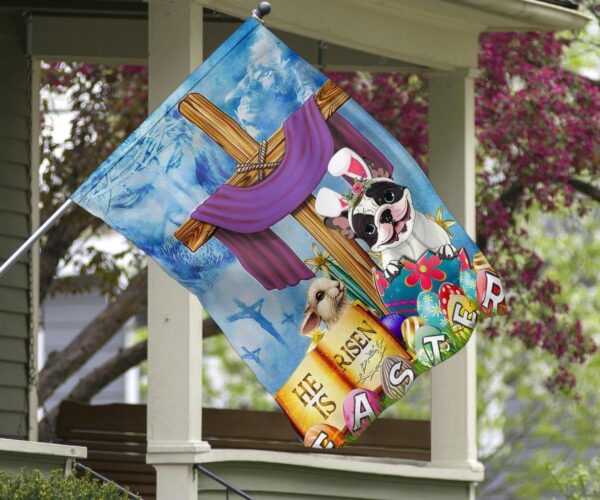 Frenchie Cross He Is Risen Bunny Easter Flag Jesus Christ Christian Cute Easter Decor