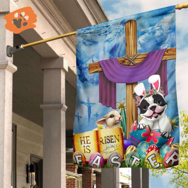 Frenchie Cross He Is Risen Bunny Easter Flag Jesus Christ Christian Cute Easter Decor