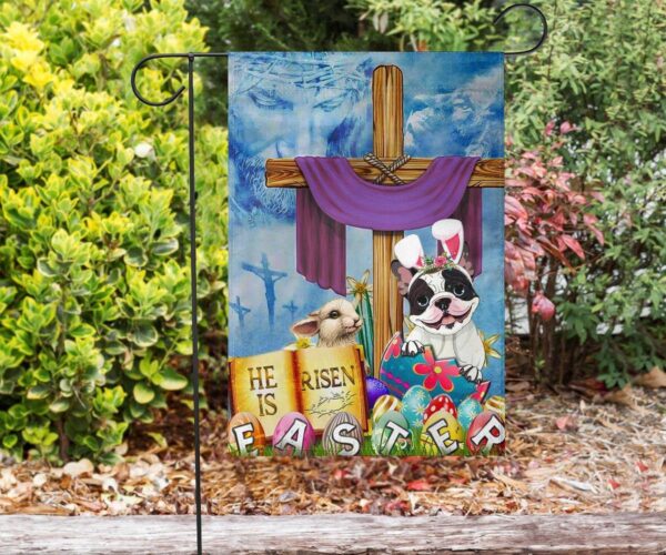 Frenchie Cross He Is Risen Bunny Easter Flag Jesus Christ Christian Cute Easter Decor
