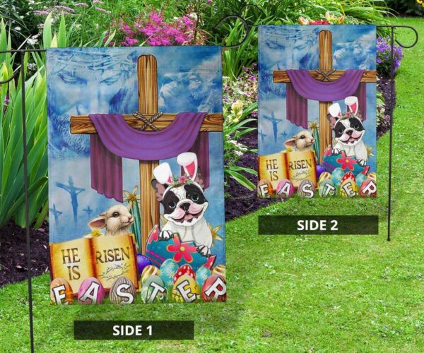 Frenchie Cross He Is Risen Bunny Easter Flag Jesus Christ Christian Cute Easter Decor