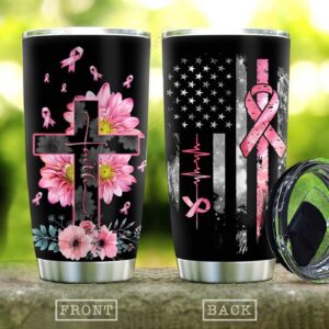 Faith Jesus Cross Breast Cancer Tumbler Cup - American Flag Travel Mug 20 Oz
