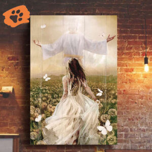 Girl Running to Jesus Butterfly Poster for Home Decor Gift