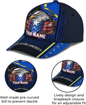 God Bless America Bald Eagle Stars Custom Name Baseball Cap, Christian, Jesus Hat Trucker Classic Hats Gift 1