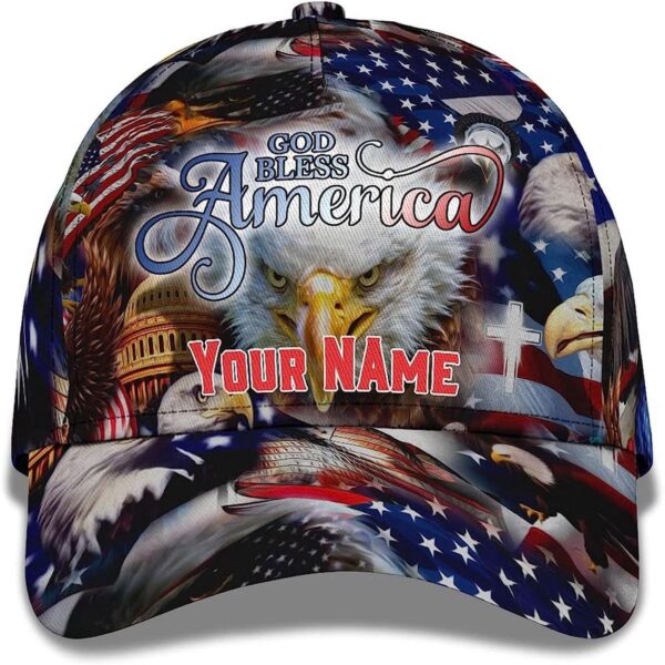 God Bless America Bald Eagles America Flag Custom Name Baseball Cap, Christian, Jesus Hat Trucker Classic Hats Gift