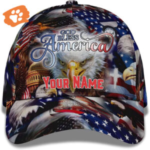 God Bless America Bald Eagles America Flag Custom Name Baseball Cap, Christian, Jesus Hat Trucker Classic Hats Gift