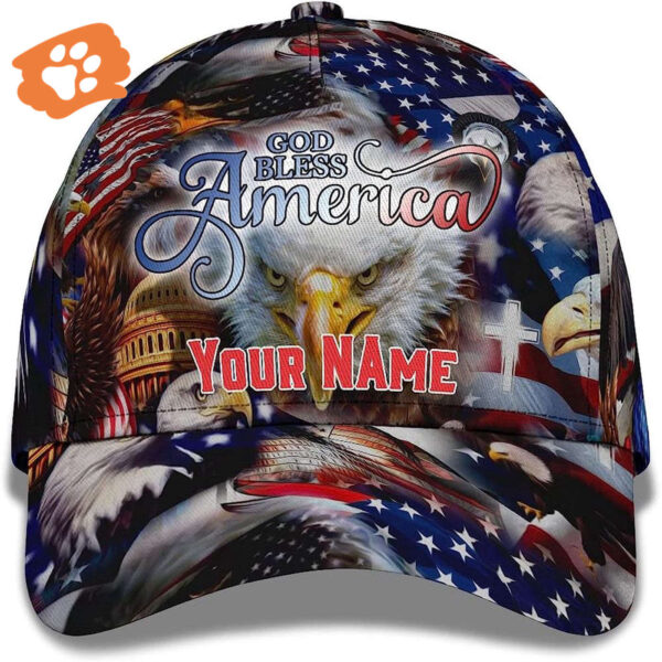 God Bless America Bald Eagles America Flag Custom Name Baseball Cap, Christian, Jesus Hat Trucker Classic Hats Gift