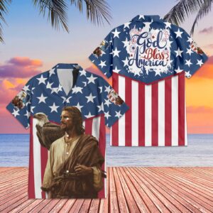 Patriotic God Bless America Hawaiian Aloha Shirt Set for Men Independence Day Gift 1