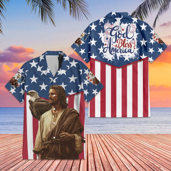Patriotic God Bless America Hawaiian Aloha Shirt Set for Men Independence Day Gift