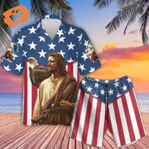 Patriotic God Bless America Hawaiian Aloha Shirt Set for Men Independence Day Gift