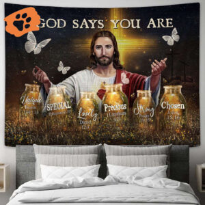 Unique God Says You Are Tapestry - Face of Jesus Crystal Butterfly Prints - Religious Christian Home Decor