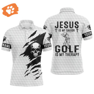 Custom Golf Men Polo Shirt: White Skull Apparel - Personalized Gift for Golf Lover - Jesus Is My Savior Golf Is My Therapy