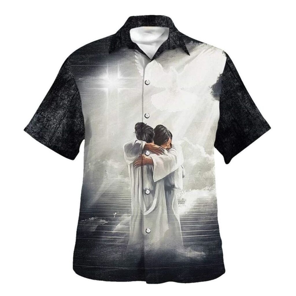 Christian Hawaiian Shirt: Man Hugging Jesus in Heaven Gift for Men Christian Hawaiian Shirt: Man Hugging Jesus in Heaven Gift for Men