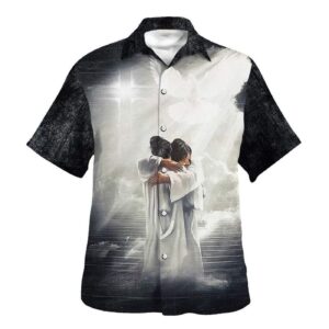 Christian Hawaiian Shirt: Man Hugging Jesus in Heaven Gift for Men