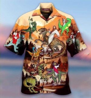 Hawaiian Aloha Shirts: Jesus Riding Dinosaur Design - Unique & Trendy