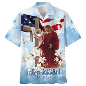 He Is Risen Hawaiian Shirt for Men Christian Faith Easter Day Cross & Lilies Gift for Christians