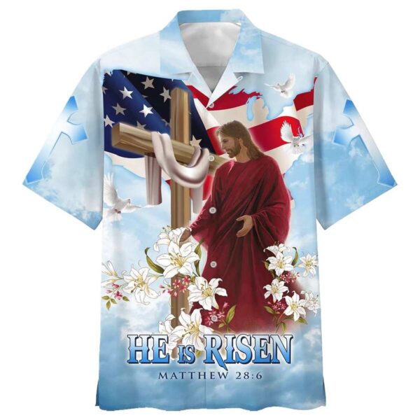 He Is Risen Hawaiian Shirt for Men Christian Faith Easter Day Cross & Lilies Gift for Christians
