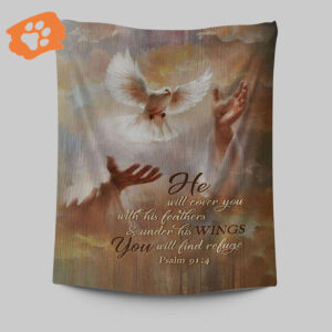 He Will Cover You With His Feathers Tapestry - Dove Jesus Hand Art - Bible Verse Wall Decor